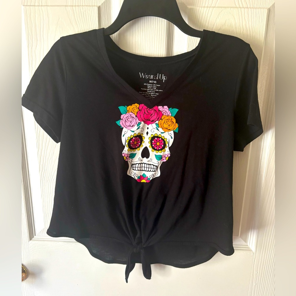 Sugar, candy skull Wound up crop top black tie front pinks, yellow, green, white